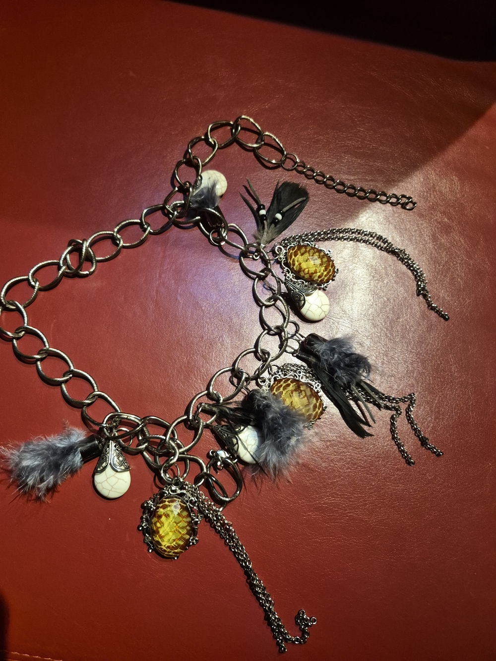 Women Jewelry Silver Charm Necklace with Amber and White Accents